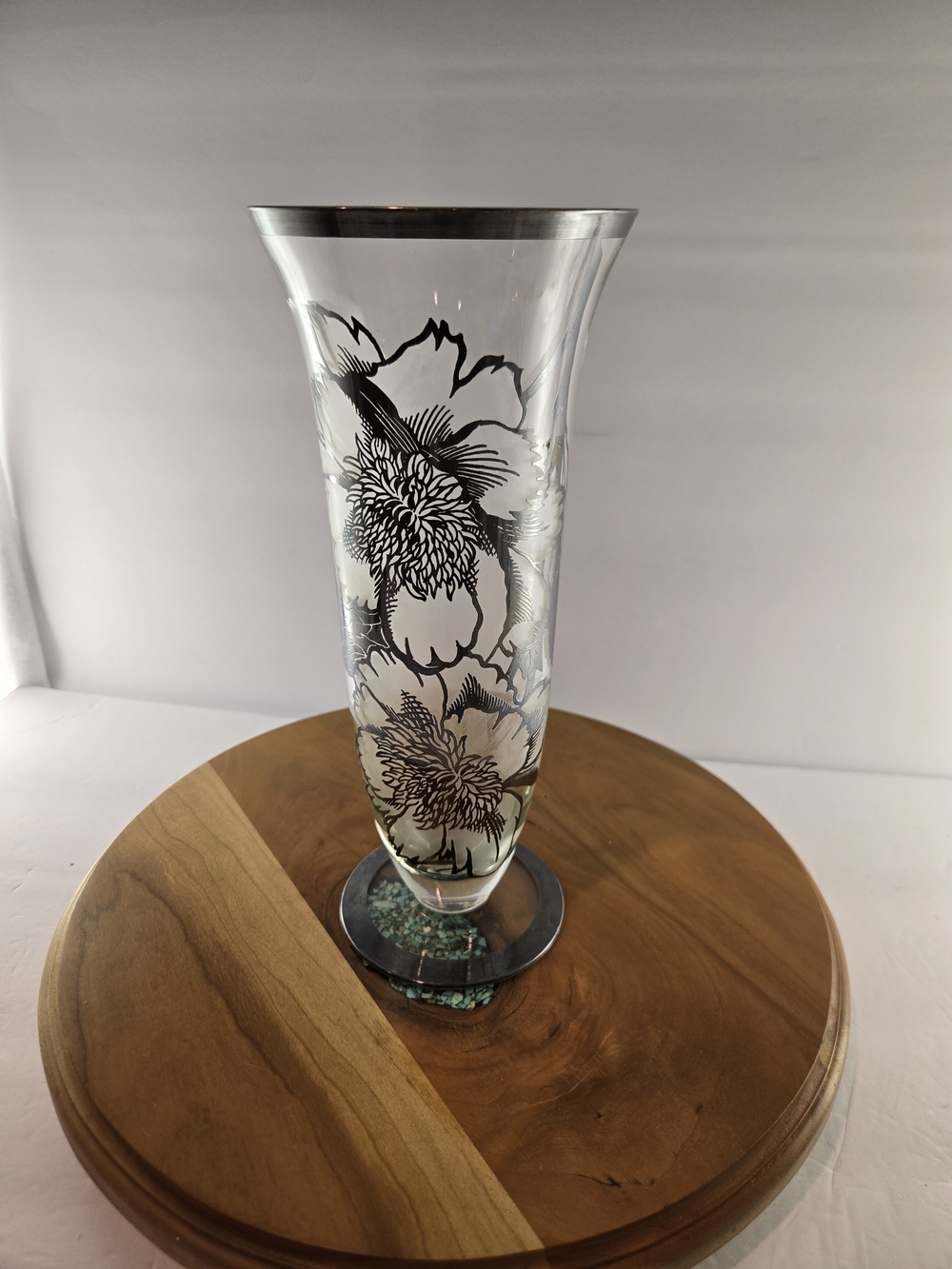 Silver City Flanders Clear Glass Trumpet Vase Sterling Silver Floral Overlay,VTG